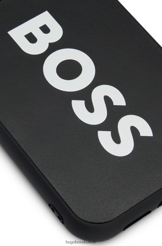 4TFNJN5091 أسود Hugo Boss حافظة هوغو لهاتف آيفون 13 برو مغطاة بالجلد مع شعار متباين باللون الأسود