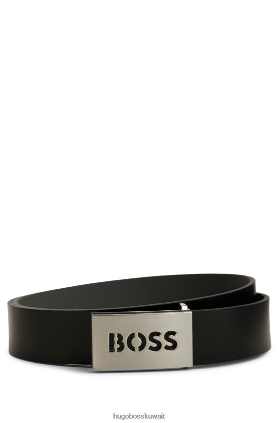 4TFNJN5098 أسود Hugo Boss حزام من الجلد الإيطالي مع إبزيم بشعار الماركة هوغو أسود
