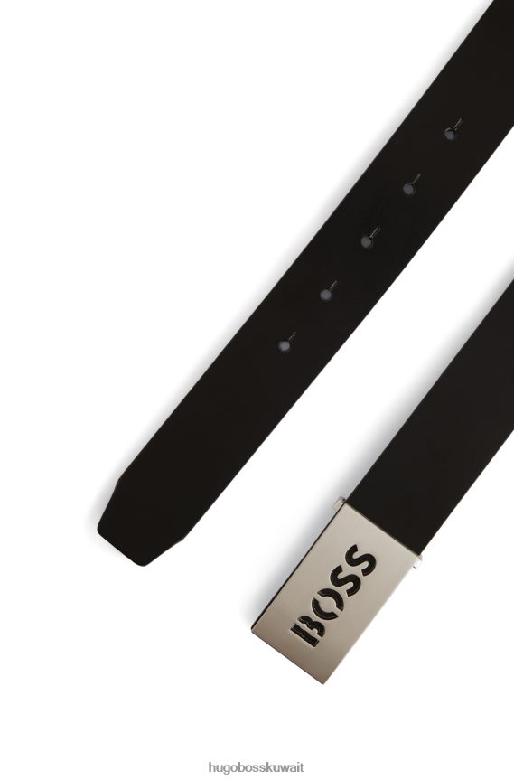 4TFNJN5098 أسود Hugo Boss حزام من الجلد الإيطالي مع إبزيم بشعار الماركة هوغو أسود