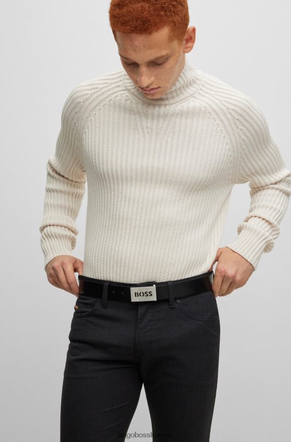 4TFNJN5098 أسود Hugo Boss حزام من الجلد الإيطالي مع إبزيم بشعار الماركة هوغو أسود