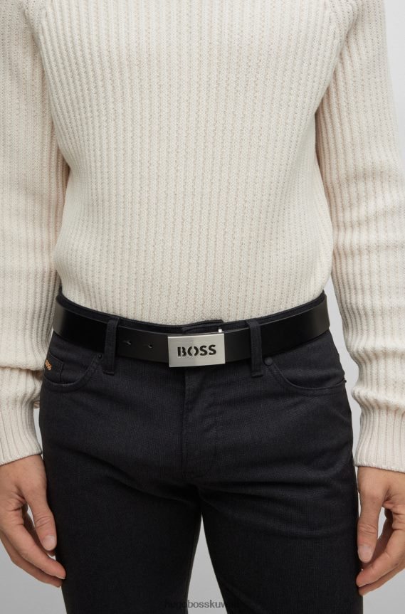4TFNJN5098 أسود Hugo Boss حزام من الجلد الإيطالي مع إبزيم بشعار الماركة هوغو أسود