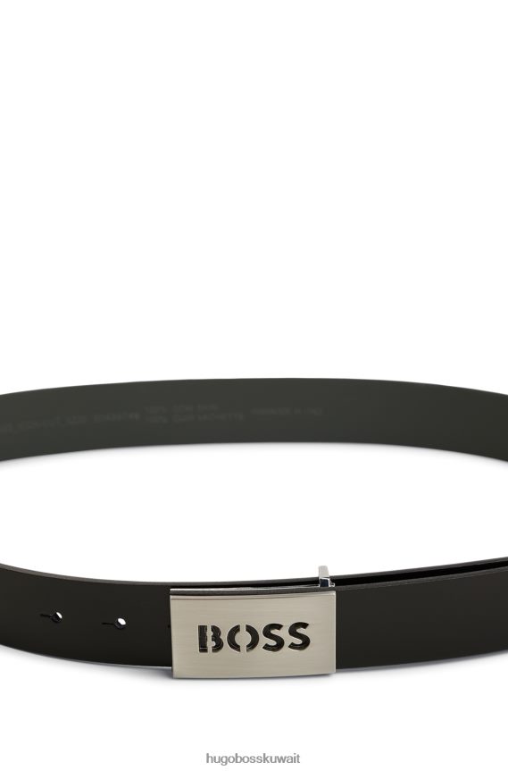 4TFNJN5098 أسود Hugo Boss حزام من الجلد الإيطالي مع إبزيم بشعار الماركة هوغو أسود