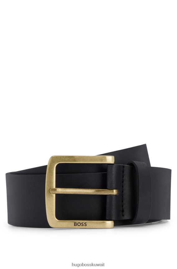 4TFNJN5099 أسود Hugo Boss حزام من الجلد الأسود مع إبزيم بشعار هوغو من النحاس العتيق