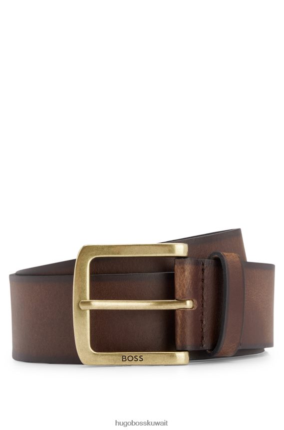 4TFNJN5100 بني غامق Hugo Boss حزام من الجلد مع مشبك شعار نحاسي عتيق هوغو بني داكن
