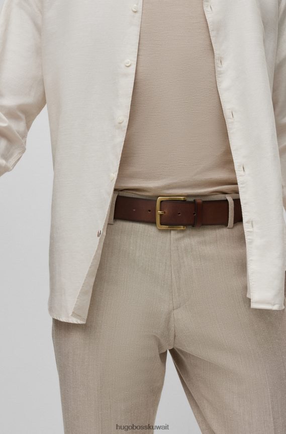 4TFNJN5100 بني غامق Hugo Boss حزام من الجلد مع مشبك شعار نحاسي عتيق هوغو بني داكن