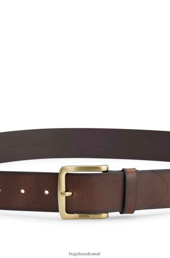 4TFNJN5100 بني غامق Hugo Boss حزام من الجلد مع مشبك شعار نحاسي عتيق هوغو بني داكن