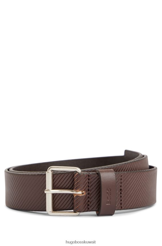 4TFNJN5102 بني غامق Hugo Boss حزام هوغو بإبزيم دبوسي بني داكن من الجلد المنظم مع حافظة الشعار