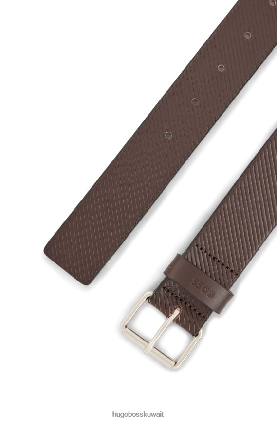 4TFNJN5102 بني غامق Hugo Boss حزام هوغو بإبزيم دبوسي بني داكن من الجلد المنظم مع حافظة الشعار