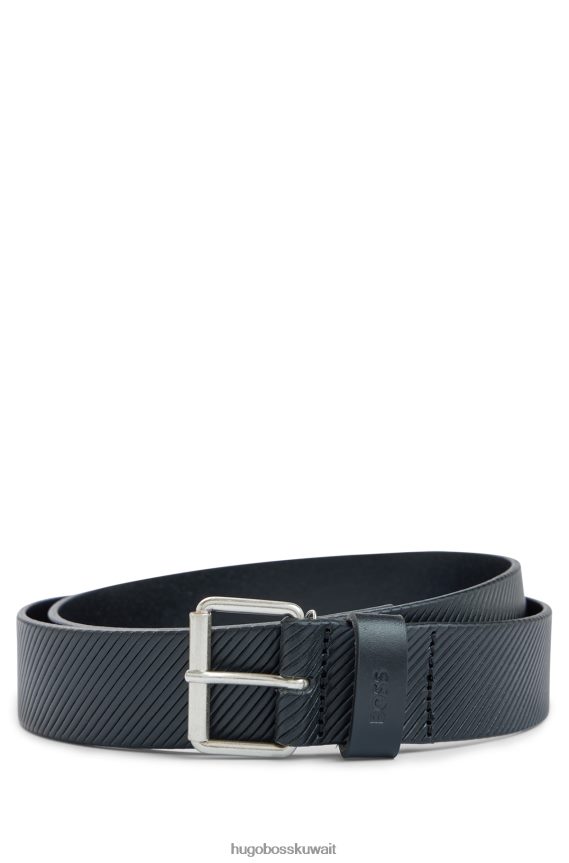 4TFNJN5103 أسود Hugo Boss حزام Hugo بإبزيم دبوسي من الجلد المنظم مع حافظة الشعار باللون الأسود