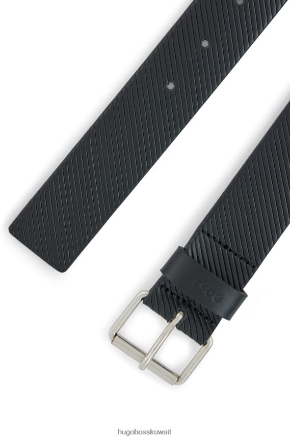 4TFNJN5103 أسود Hugo Boss حزام Hugo بإبزيم دبوسي من الجلد المنظم مع حافظة الشعار باللون الأسود
