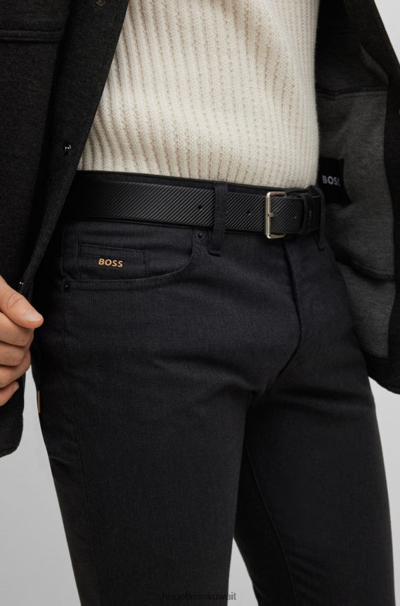 4TFNJN5103 أسود Hugo Boss حزام Hugo بإبزيم دبوسي من الجلد المنظم مع حافظة الشعار باللون الأسود