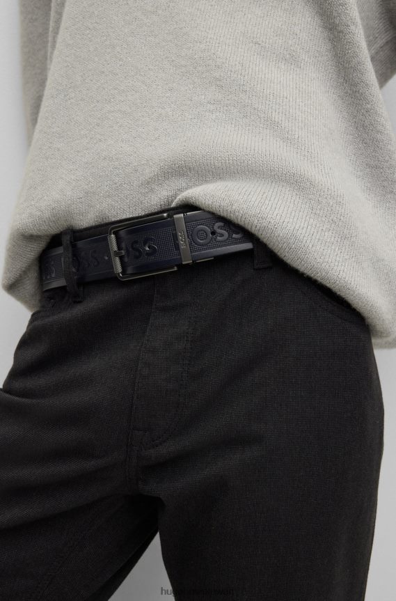 4TFNJN5105 أزرق غامق Hugo Boss حزام ذو وجهين باللون الأزرق الداكن من الجلد الإيطالي مع تفاصيل شعار هوغو