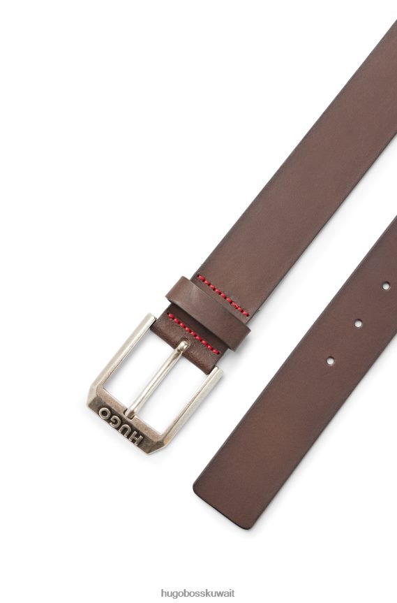 4TFNJN5111 بني غامق Hugo Boss حزام جلد هوغو مع مشبك دبوس الشعار بني داكن