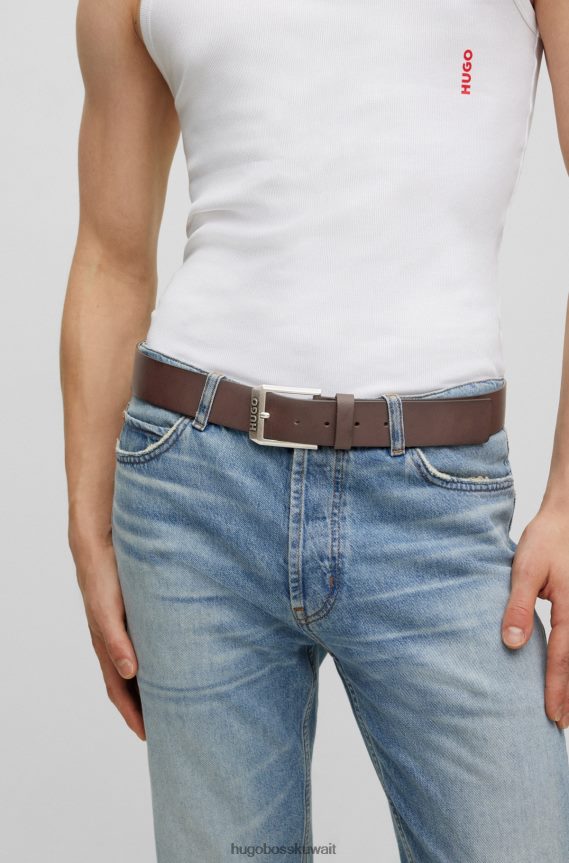 4TFNJN5111 بني غامق Hugo Boss حزام جلد هوغو مع مشبك دبوس الشعار بني داكن
