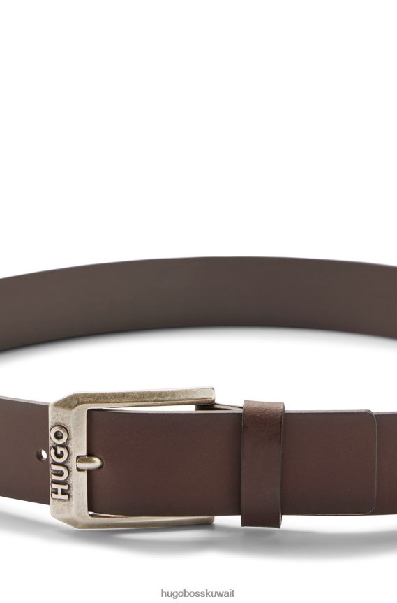 4TFNJN5111 بني غامق Hugo Boss حزام جلد هوغو مع مشبك دبوس الشعار بني داكن