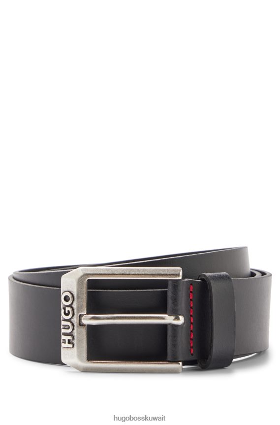 4TFNJN5112 أسود Hugo Boss حزام من الجلد مع مشبك دبوس الشعار هوغو الأسود