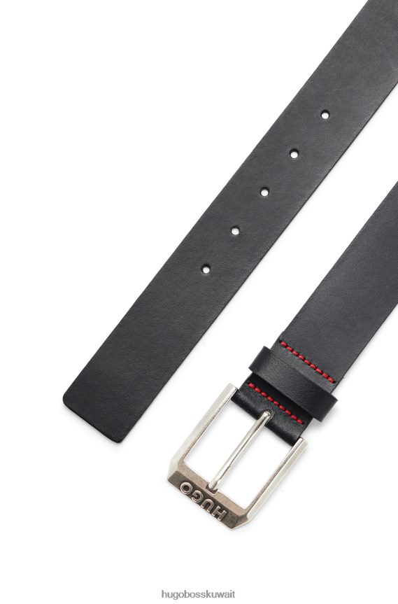 4TFNJN5112 أسود Hugo Boss حزام من الجلد مع مشبك دبوس الشعار هوغو الأسود