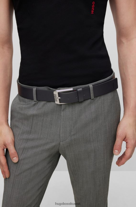 4TFNJN5112 أسود Hugo Boss حزام من الجلد مع مشبك دبوس الشعار هوغو الأسود