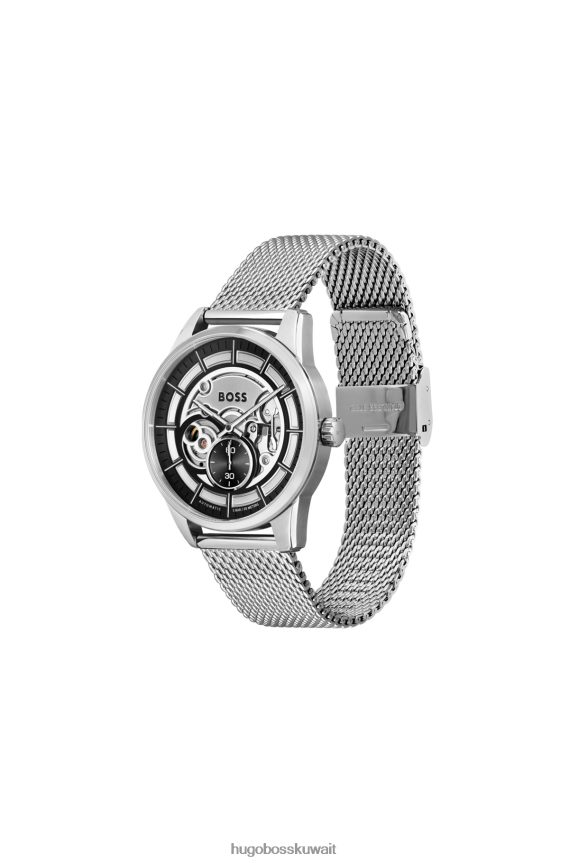 4TFNJN5118 حزمة مسبقة متنوعة Hugo Boss ساعة أوتوماتيكية بمينا هيكل عظمي مع سوار شبكي، مجموعة متنوعة مسبقًا من هوغو