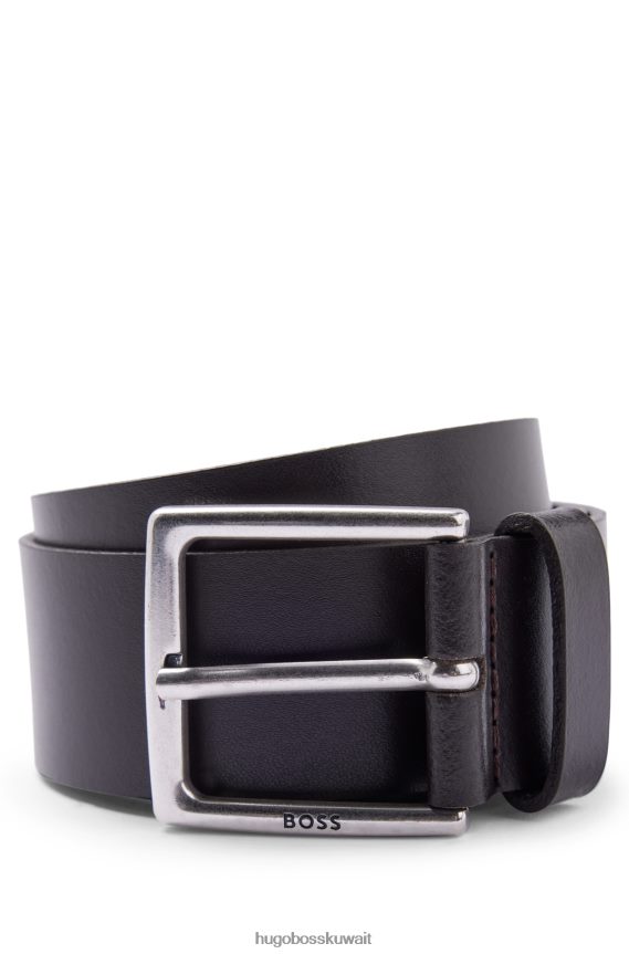 4TFNJN5119 بني غامق Hugo Boss حزام من الجلد الإيطالي باللون البني الداكن مع أجزاء معدنية ذات تأثير عتيق