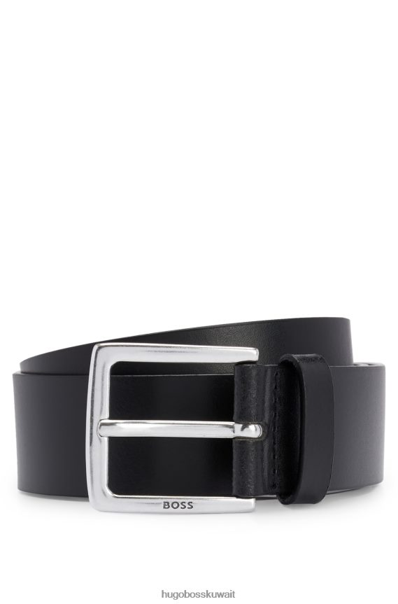 4TFNJN5120 أسود Hugo Boss حزام من الجلد الإيطالي مع أجزاء معدنية ذات تأثير عتيق باللون الأسود