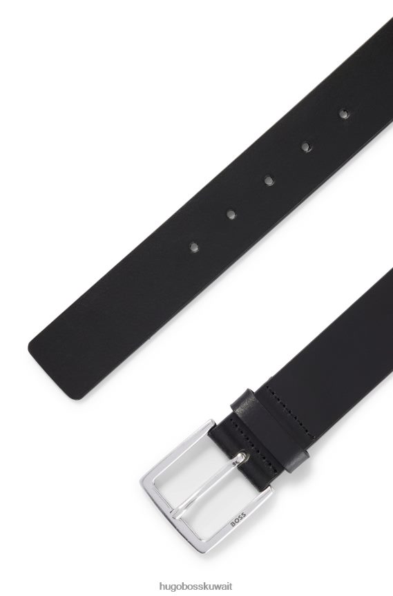 4TFNJN5120 أسود Hugo Boss حزام من الجلد الإيطالي مع أجزاء معدنية ذات تأثير عتيق باللون الأسود