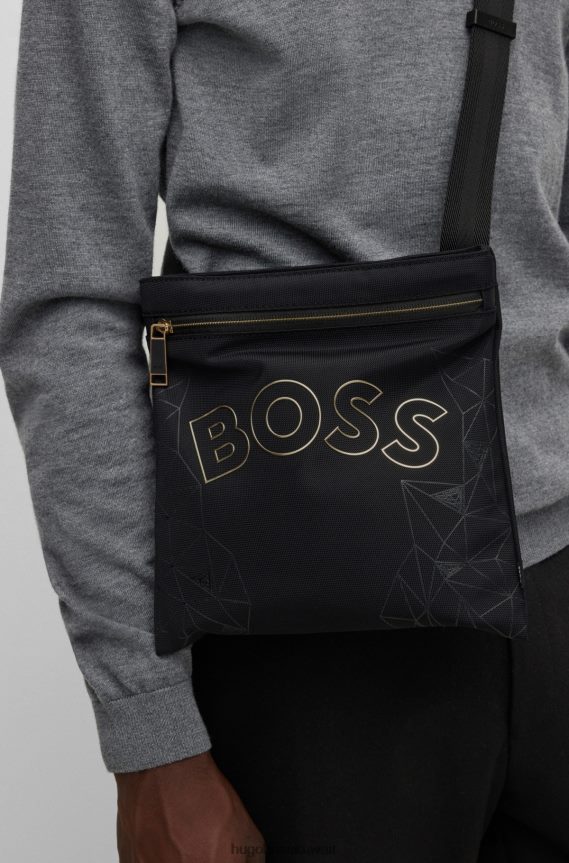4TFNJN5130 أسود Hugo Boss حقيبة مغلف بشعار من النايلون المنظم بنمط هوغو أسود موسمي