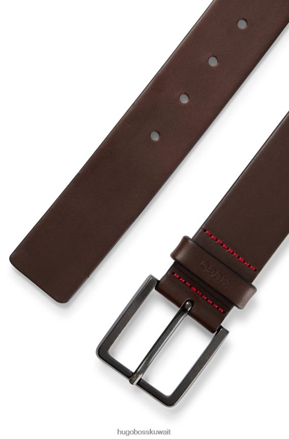 4TFNJN5154 بني غامق Hugo Boss حزام جلد هوغو مع أجزاء معدنية غير لامعة باللون البني الداكن
