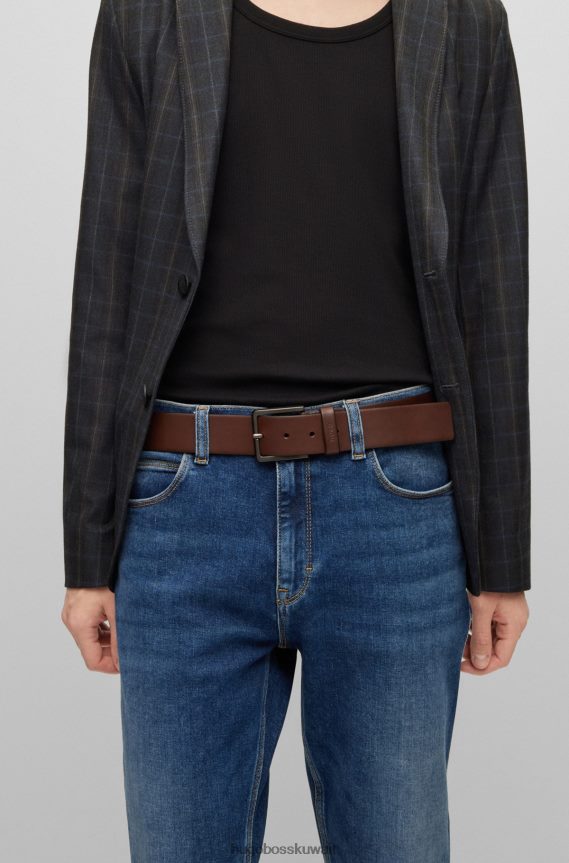 4TFNJN5154 بني غامق Hugo Boss حزام جلد هوغو مع أجزاء معدنية غير لامعة باللون البني الداكن