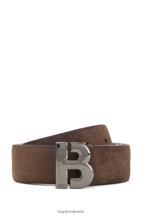 4TFNJN5155 بني غامق Hugo Boss حزام من جلد الغزال الإيطالي مع أجزاء معدنية مصقولة باللون البني الداكن