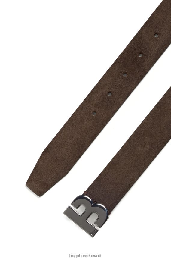4TFNJN5155 بني غامق Hugo Boss حزام من جلد الغزال الإيطالي مع أجزاء معدنية مصقولة باللون البني الداكن