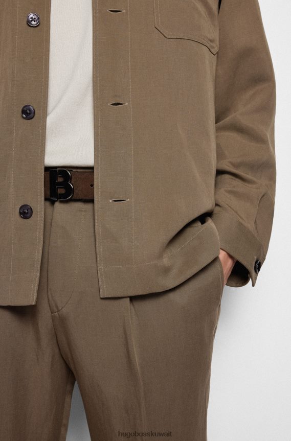 4TFNJN5155 بني غامق Hugo Boss حزام من جلد الغزال الإيطالي مع أجزاء معدنية مصقولة باللون البني الداكن