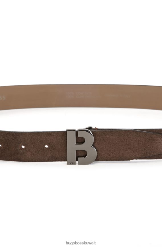 4TFNJN5155 بني غامق Hugo Boss حزام من جلد الغزال الإيطالي مع أجزاء معدنية مصقولة باللون البني الداكن