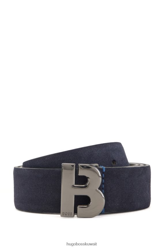 4TFNJN5157 أزرق غامق Hugo Boss حزام من جلد الغزال الإيطالي مع أجزاء معدنية مصقولة باللون الأزرق الداكن