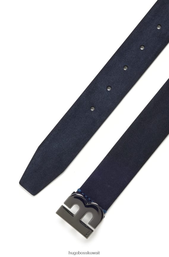 4TFNJN5157 أزرق غامق Hugo Boss حزام من جلد الغزال الإيطالي مع أجزاء معدنية مصقولة باللون الأزرق الداكن