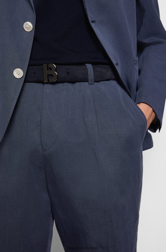 4TFNJN5157 أزرق غامق Hugo Boss حزام من جلد الغزال الإيطالي مع أجزاء معدنية مصقولة باللون الأزرق الداكن