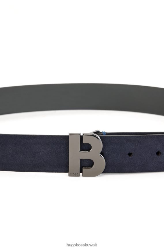 4TFNJN5157 أزرق غامق Hugo Boss حزام من جلد الغزال الإيطالي مع أجزاء معدنية مصقولة باللون الأزرق الداكن
