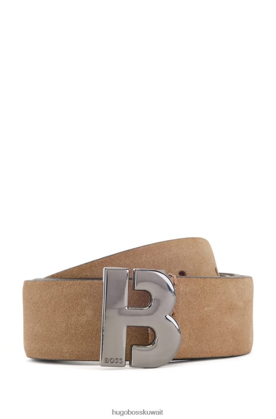 4TFNJN5158 بني Hugo Boss حزام من جلد الغزال الإيطالي هوغو باللون البني مع أجزاء معدنية مصقولة