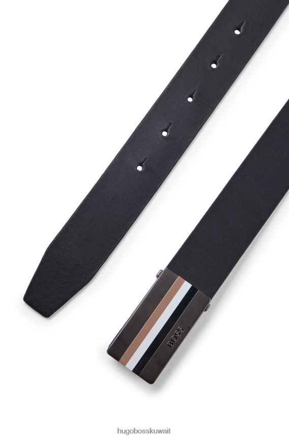4TFNJN5166 أسود Hugo Boss حزام هوغو من الجلد مع إبزيم بلاك مخطط التوقيع باللون الأسود
