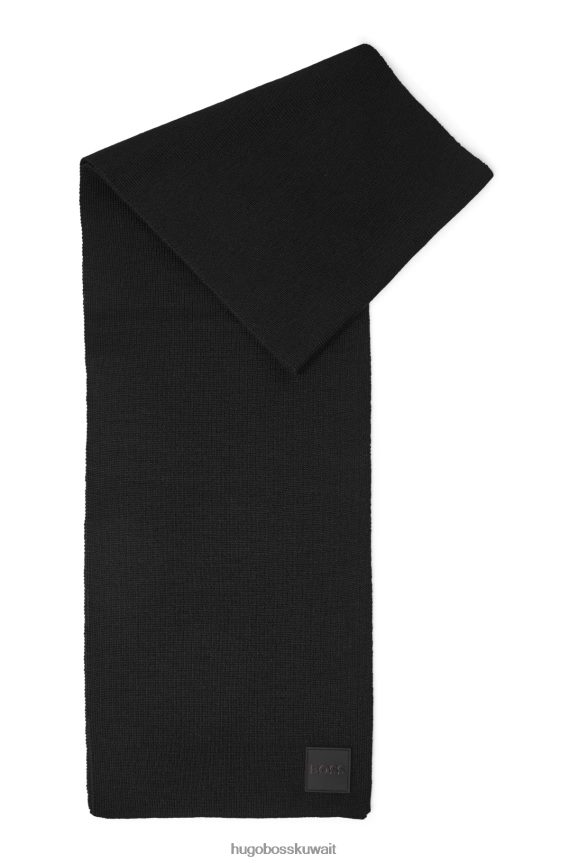 4TFNJN5167 أسود Hugo Boss وشاح مضلع من خيوط ناعمة مع شارة شعار السيليكون باللون الأسود