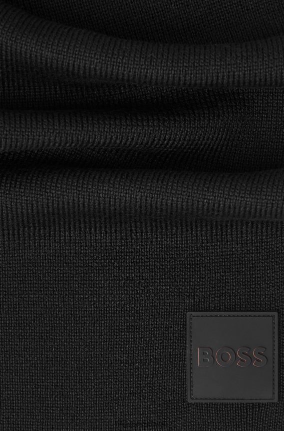 4TFNJN5167 أسود Hugo Boss وشاح مضلع من خيوط ناعمة مع شارة شعار السيليكون باللون الأسود