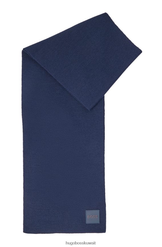 4TFNJN5168 أزرق غامق Hugo Boss وشاح مضلع باللون الأزرق الداكن من خيوط ناعمة مع شارة شعار السيليكون هوغو