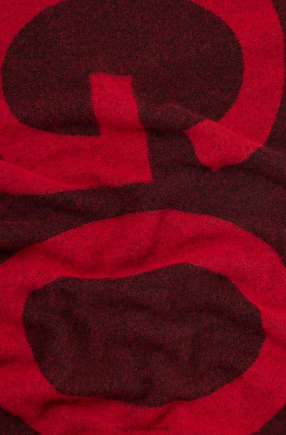 4TFNJN5171 أحمر Hugo Boss هوغو وشاح أحمر للجنسين مزين بالشعار مصنوع من مزيج الصوف