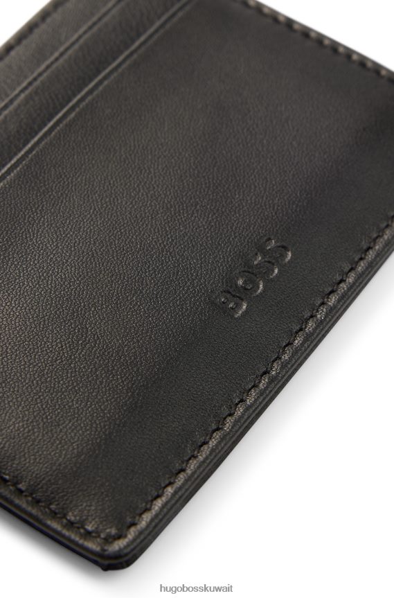 4TFNJN5177 أسود Hugo Boss حاملة بطاقات من الجلد المحبب مع شعار Emed