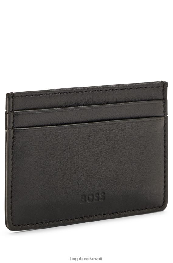 4TFNJN5177 أسود Hugo Boss حاملة بطاقات من الجلد المحبب مع شعار Emed