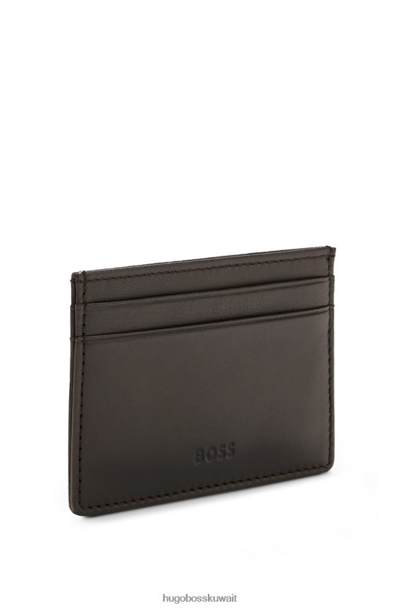 4TFNJN5178 بني غامق Hugo Boss حاملة بطاقات من الجلد المحبب مع شعار Emed