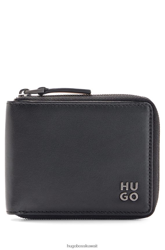 4TFNJN5180 أسود Hugo Boss محفظة هوغو بسحاب من الجلد مع شعار مكدس باللون الأسود