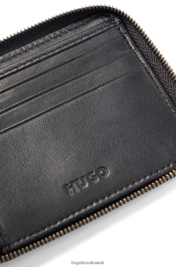 4TFNJN5180 أسود Hugo Boss محفظة هوغو بسحاب من الجلد مع شعار مكدس باللون الأسود