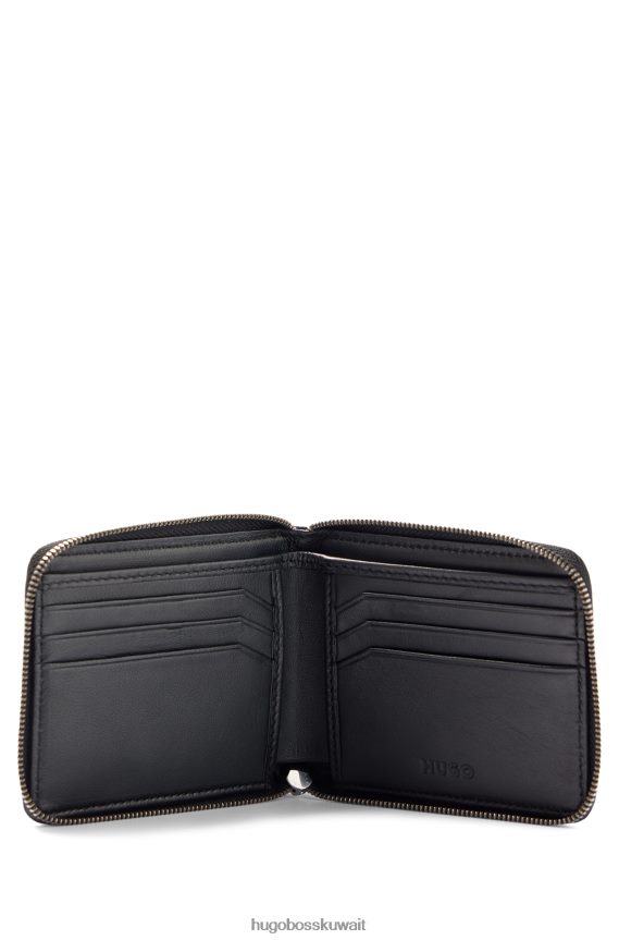 4TFNJN5180 أسود Hugo Boss محفظة هوغو بسحاب من الجلد مع شعار مكدس باللون الأسود