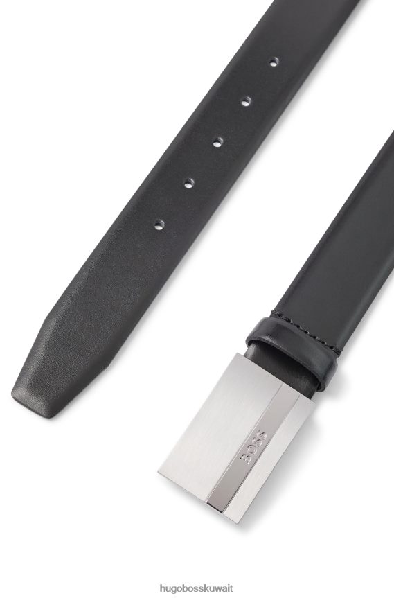 4TFNJN5181 أسود Hugo Boss حزام من الجلد الإيطالي مع إبزيم من البلاك محفور عليه الشعار باللون الأسود هوغو